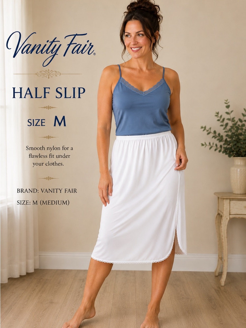 Vanity Fair White Nylon Half Slip XL 44 Lace Trim Side Slit